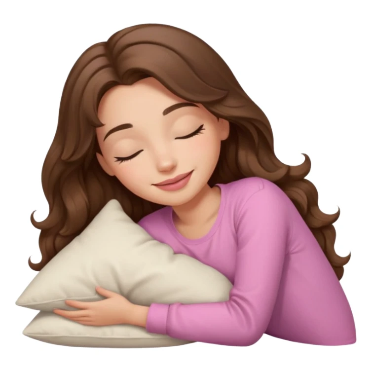 girl with wavy long brown hair, brown eyes, light to medium complexion, long lashes, light pink lipstick, smiling, wearing light pink shirt, sleeping on a cozy pillow sticker
