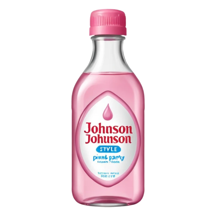 realistic Johnson and Johnson style bottle pink cap pink label clear bottle with berry party written on the logo with diddy logo bottle leaking oil from the top sticker
