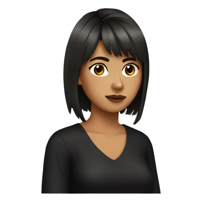 Mexican young woman, brown wolf haircut, hair bangs, black shirt sticker