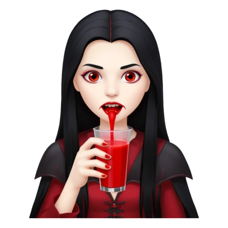 vampire using a juice box, long hair, red juice sticker