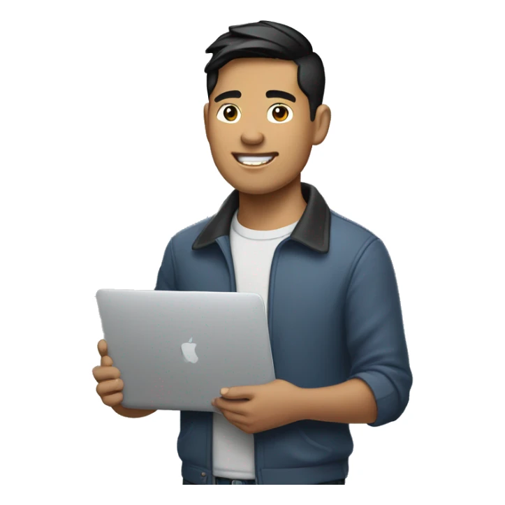 Filipino Asian handsome guy that holds a Mac Book laptop with air pods. sticker