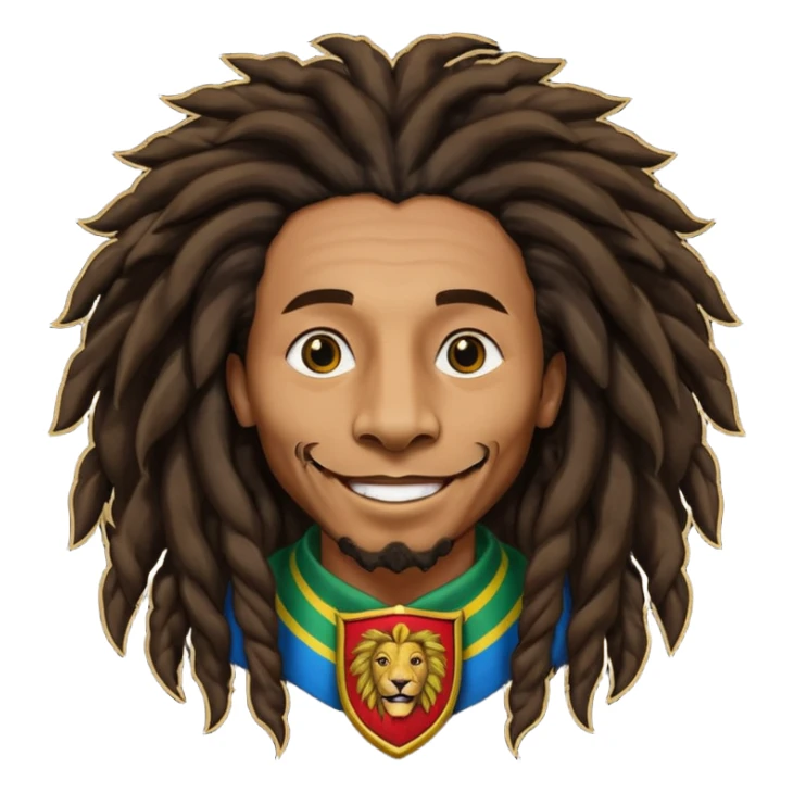 very realistic Bob Marley with gigantic dread locks in form heraldic crest with ethiopian lion sticker