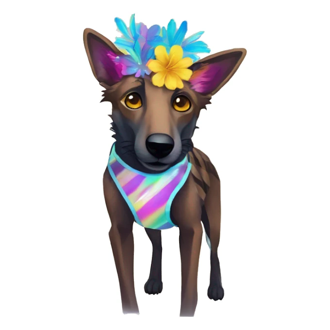  brindle brown black maroon striped lurcher Alsatian fox running blue eyes and iridescent holographic oilslick harness wearing paper iridescent tropical flower crown yellow caution tape sticker