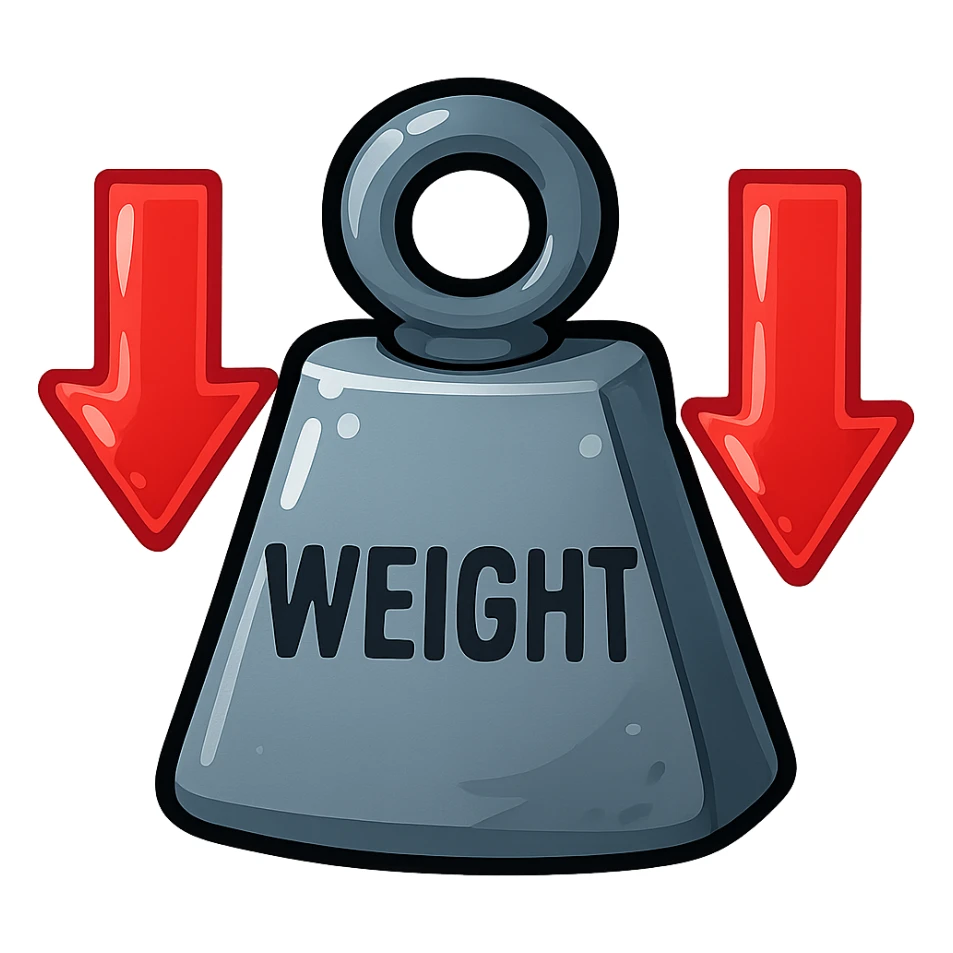 stylized weight with transparent red arrows pointing down, glossy effect, isolated on white background sticker
