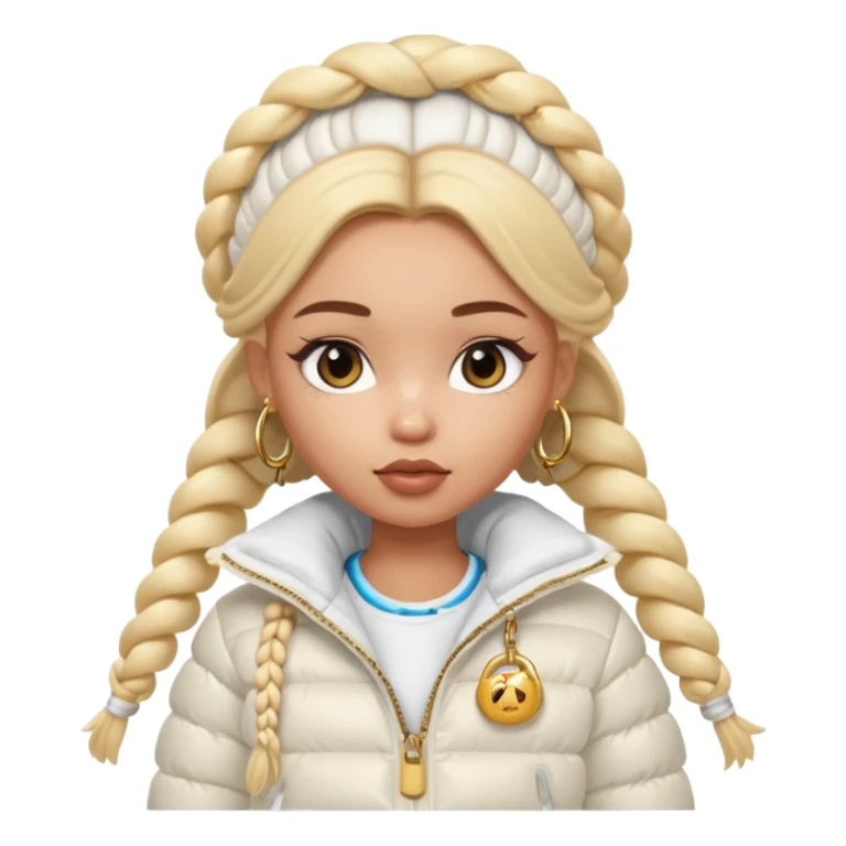 generate a pretty bratz girl with a WHITE puffer jacket, hoops, long braided hair sticker