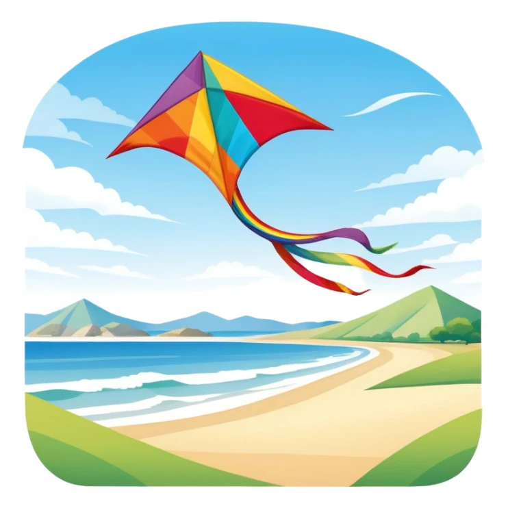 A colorful kite soaring high in the sky on a sunny day, with a long, flowing tail trailing behind. The background features an open field or beach, capturing the joy and freedom of flying kites, with gentle winds and a peaceful atmosphere. sticker