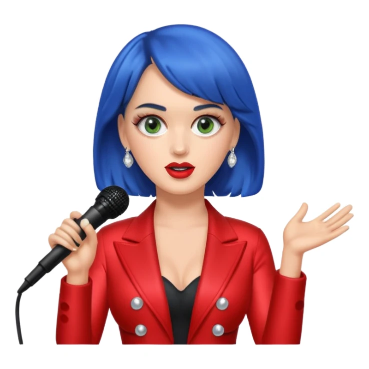 Katy Perry as an apple style emoji, with a microphone, glamorous pop star outfit, no text sticker