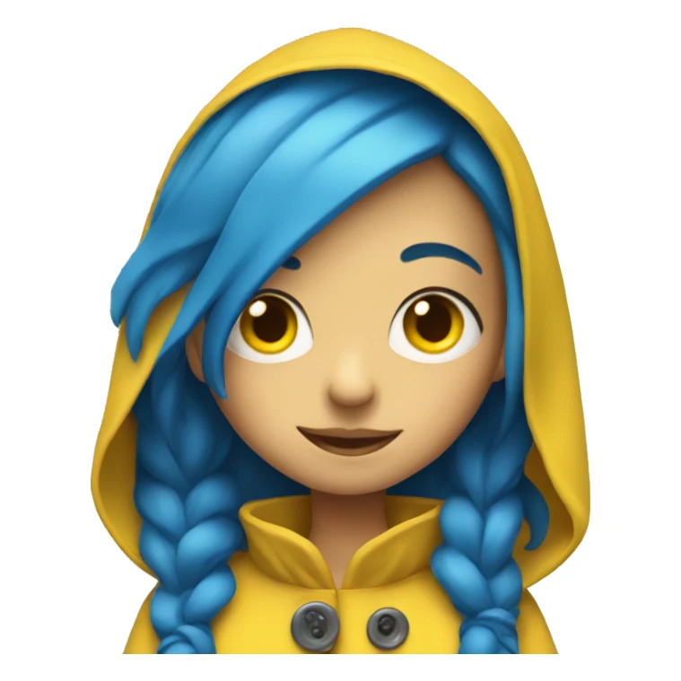 Girl with blue hair, with buttons as eyes wearing a yellow raincoat sticker