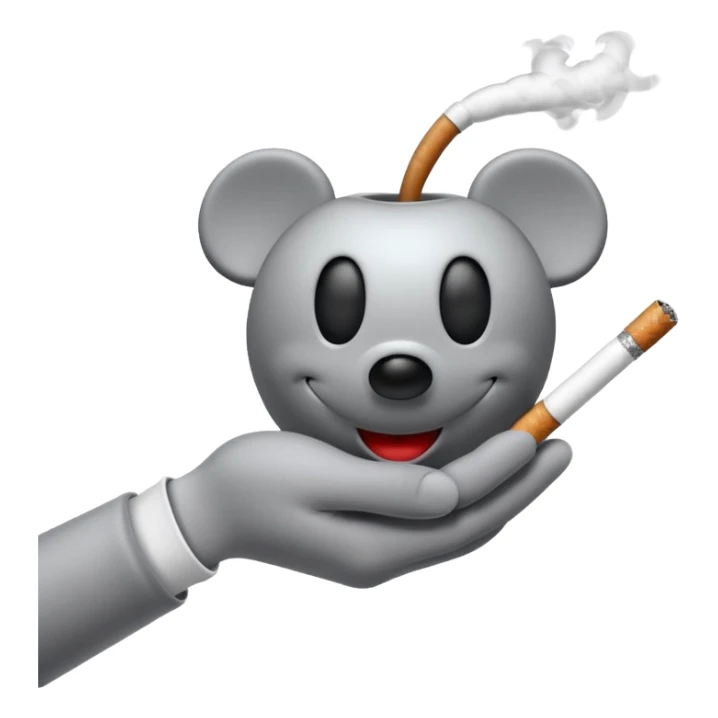 Mickey Mouse style white glove hand holding a cigarette with smoke curling up, Apple emoji style sticker