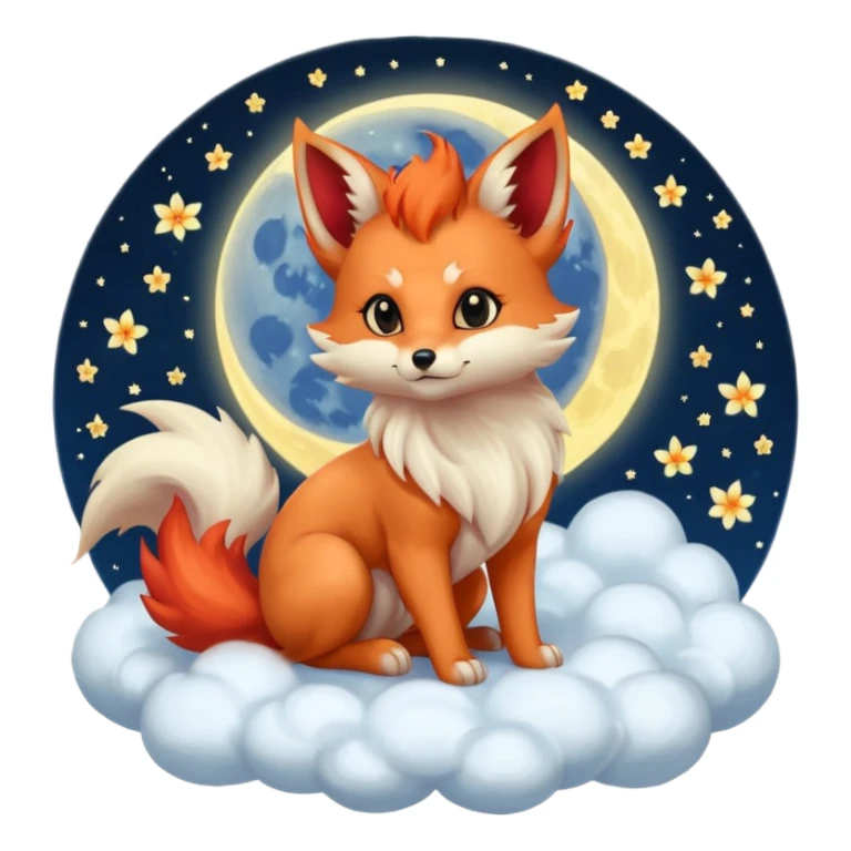 Moon-bathed Kitsune-Ninetails-Vulpix-Zorua-fox-kit-goddess serene peaceful glowing wide open white neon sharp orb eyes, sitting on a cloud, night sky dark, visionary, mystic, mysterious, mystical, legendary  sticker