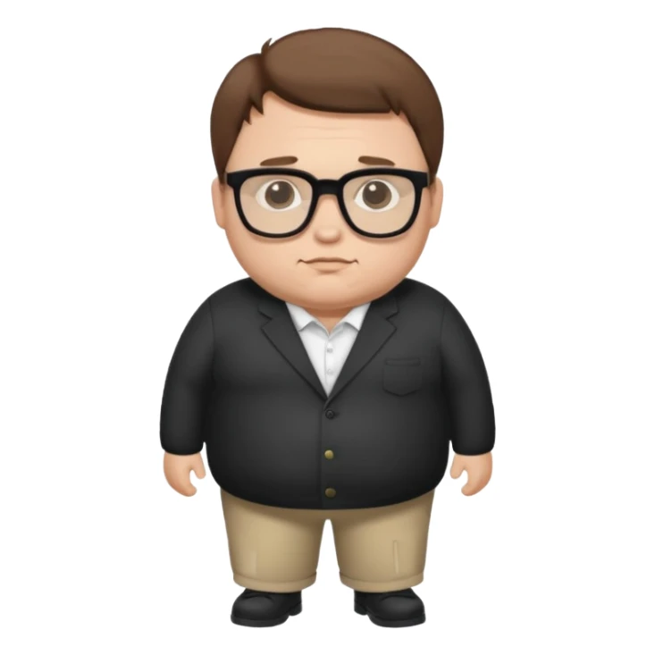 Create a fat emoji full body white man with brown hair and black glasses sticker