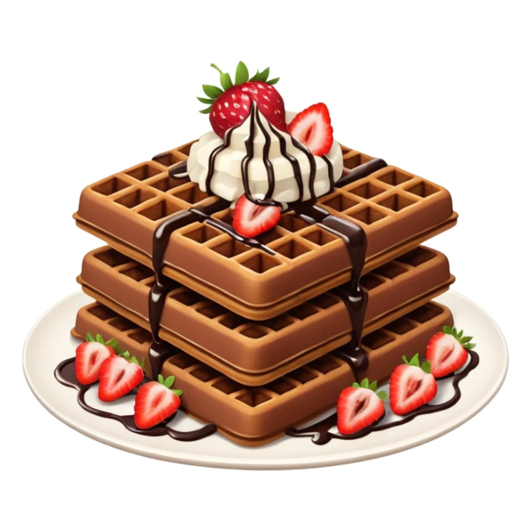 Chocolate waffles, healthy toppings like strawberries and coconut flakes, chocolate drizzle sticker