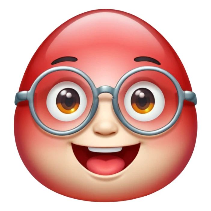 A single chubby crystal gemstone character wearing cute round glasses, chunky and irregular with faceted sides (not egg-shaped), [red] gradient, big glossy eyes behind the glasses and a wide happy smile, 3D cartoon game icon style, high detail, soft lighting, centered on a plain dark background sticker