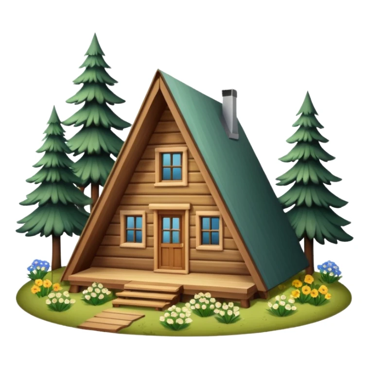 triangle small cabin in the woods, surrounded by pines, with flowers around sticker