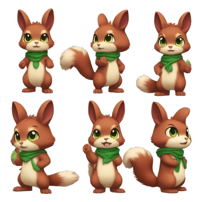 Cute, Chibi, chubby, fluffy, Kemono-style, Anthro, Fur-Sona, Dark-Red, Squirrel-Rabbit-hybrid-Fakémon, with a green bandana, full body sticker