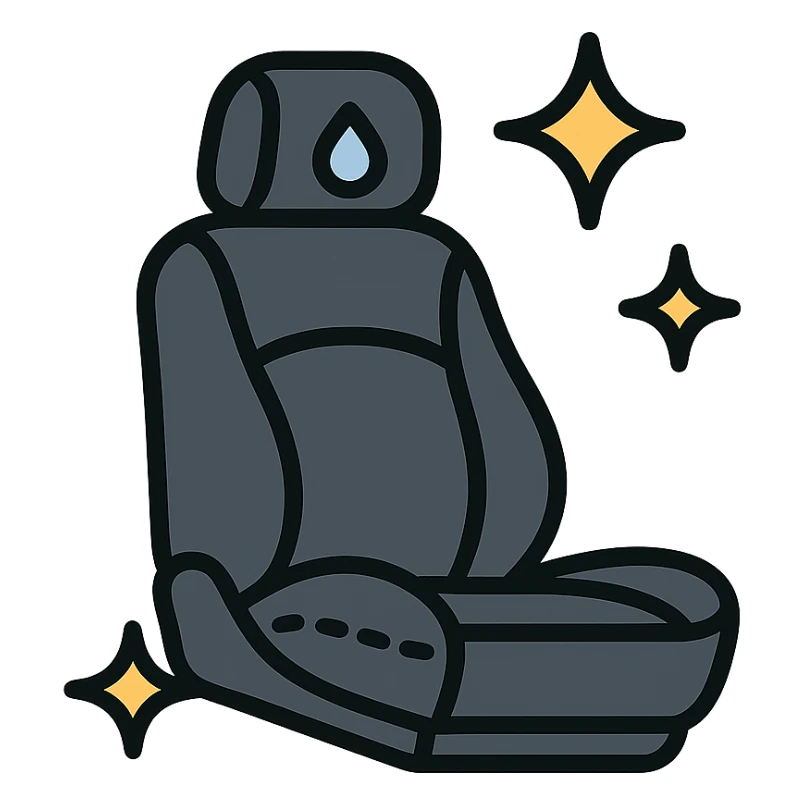 luxury car seat icon in matte black with a small droplet or shield on the headrest, elegant stitching, minimalist lines, extra shine and sparkling effects, modern and clean style, no text sticker