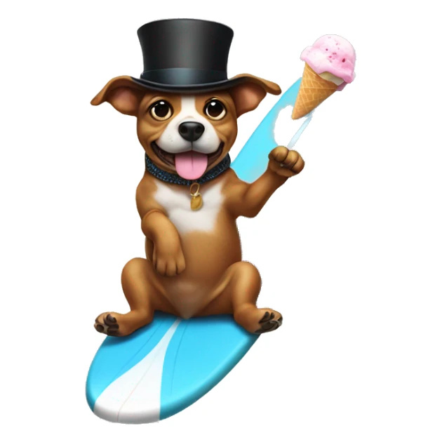 Dog on a surfboard wearing a top hat eating ice cream sticker