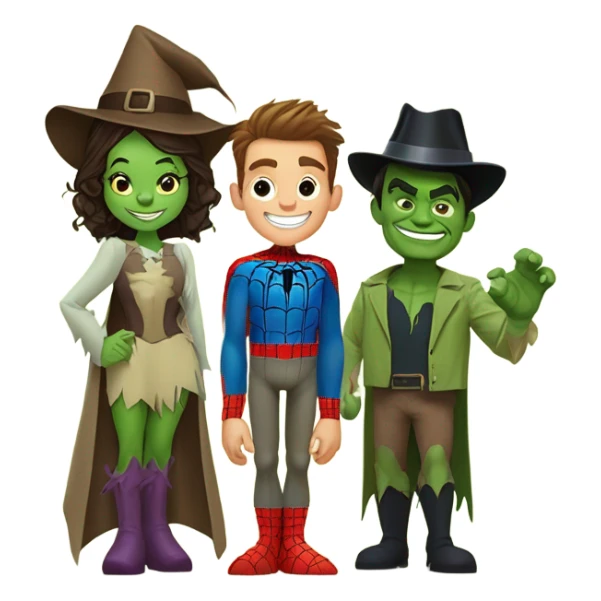 Spider-Man, Hulk, Wizard of Oz, scarecrow, and Wizard of Oz witch together as a family sticker