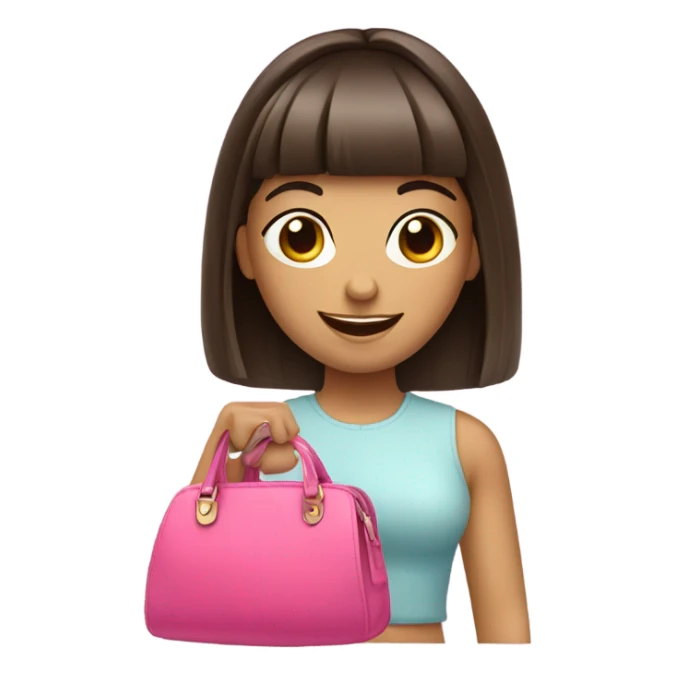 Happy brunette girl with bangs holding pink purse sticker
