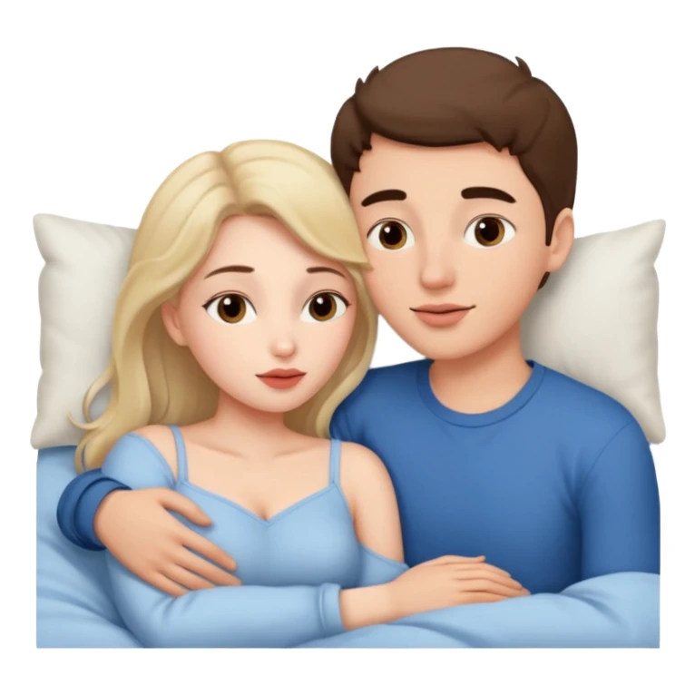 A woman and a young man are lying in bed and cuddling with each other. And they kiss on the lips. sticker