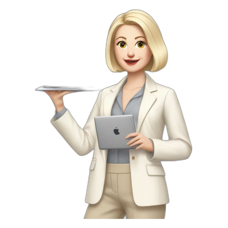 pale skin woman with ash blonde Straightened bob Hair, White Spacious classical jacket, beige palazzo Arrow pants and gray blouse holding a MacBook in the hands sticker