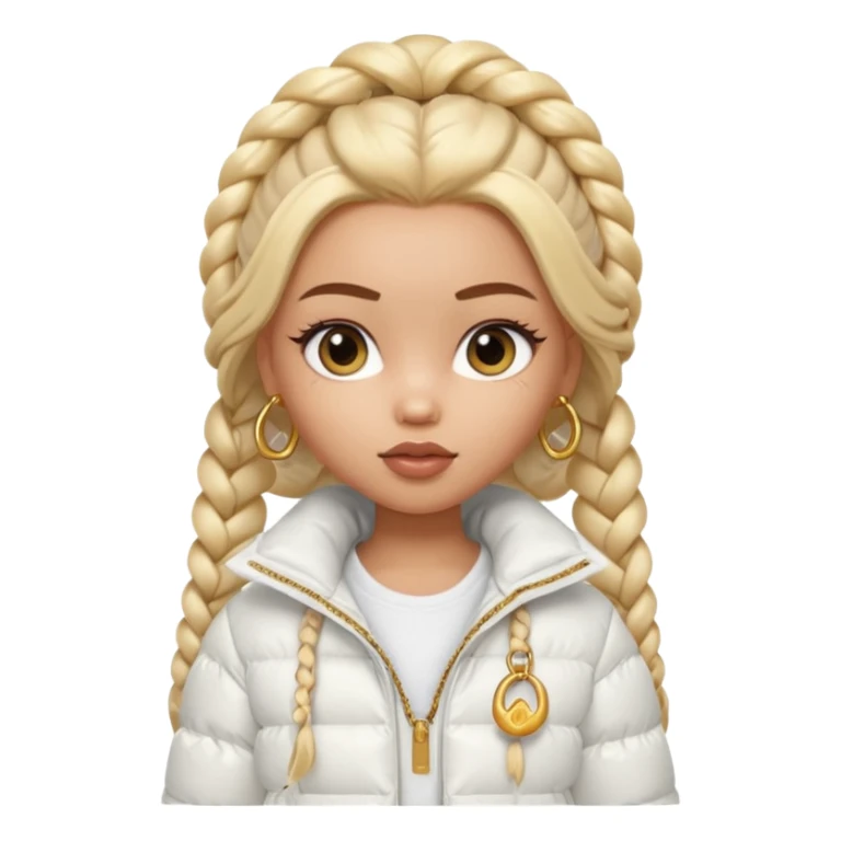 generate a pretty bratz girl with a WHITE puffer jacket, hoops, long braided hair sticker