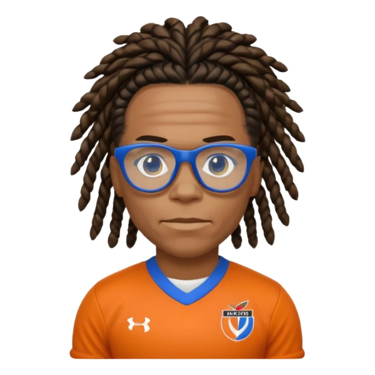 Edgar Davids as an apple style emoji, black tightly-braided dreadlocks pulled back, blue sports glasses, orange football jersey with black and white collar, serious facial expression, iconic football look sticker