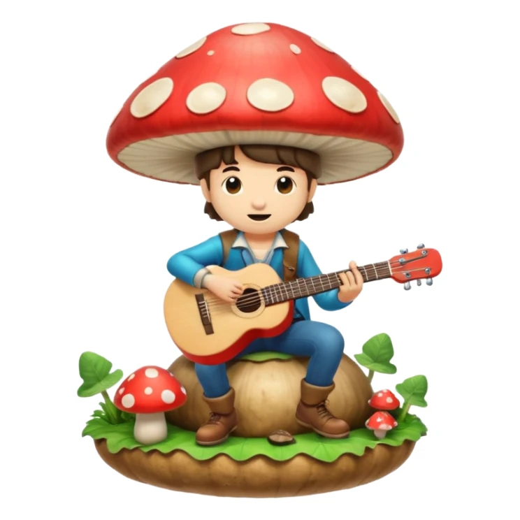 mushroom bard character playing tiny guitar on giant mushroom sticker