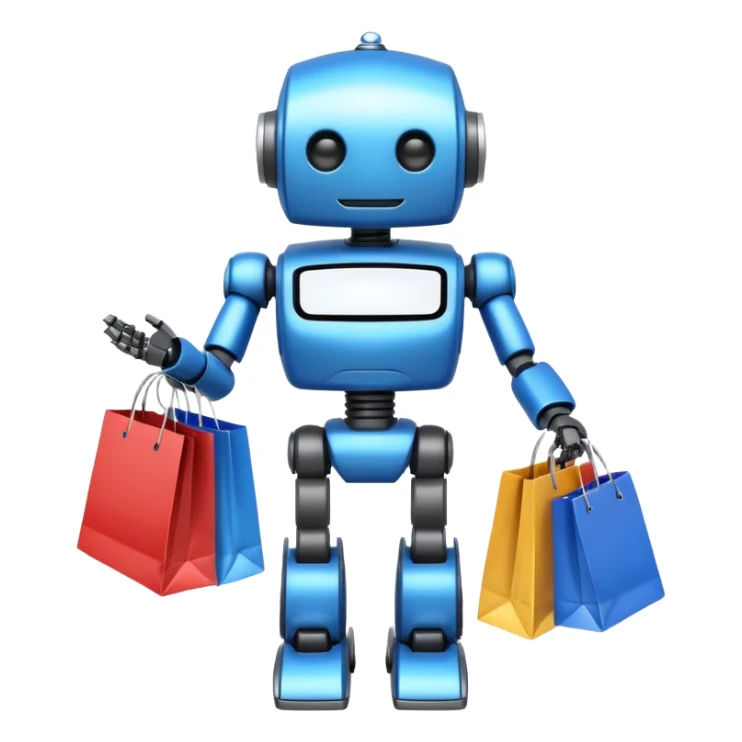 black friday robot with blue and metalic colours with bags in his hands sticker