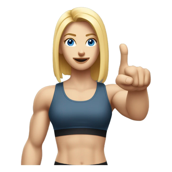 Close up Actively gesturing  with hands Pale skinned Fit woman With the biceps and blonde hair in dark gray Sleeveless Mike, black sports shorts, watch and white Sneakers and Blue Eyes  sticker