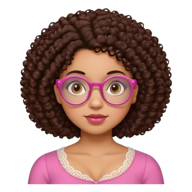 medium-light kinned afro-latina girl with medium length chocolate brown side part curly hair, brown eyes, pink sweetheart necklined top with lace, round wide-ish nose, chubby oblong shaped face, brown glasses sticker