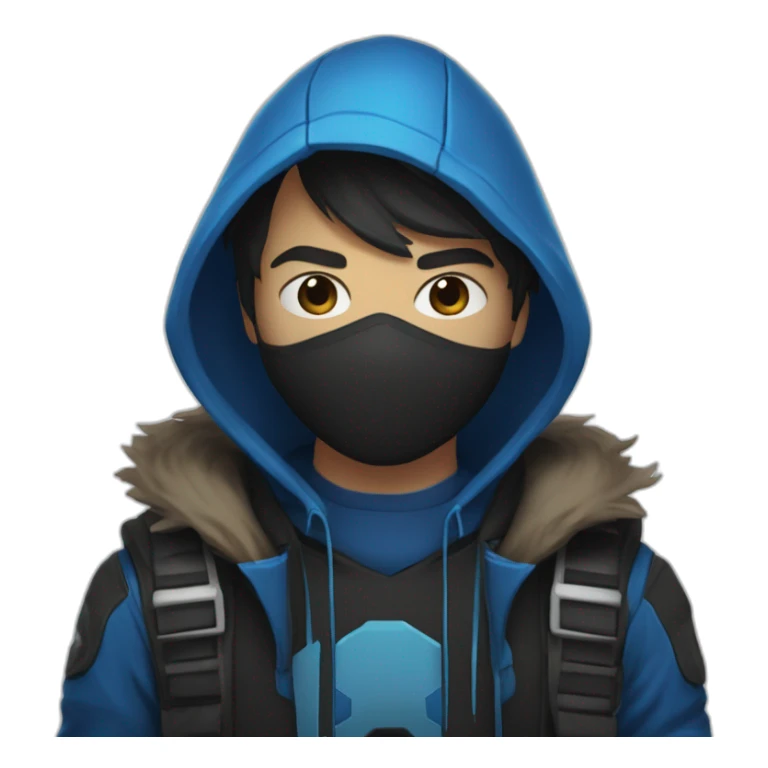 Boy brown developer left side behind his laptop with this style: Valorant Riot Game blue character blue black hooded hacker  sticker