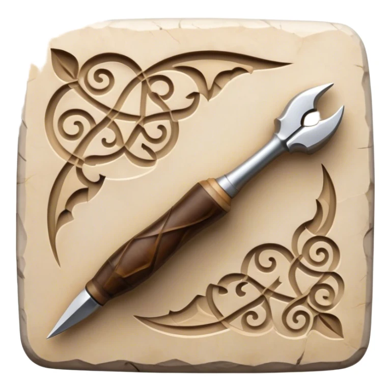 Carving icon, stone, bone, and horn with detailed patterns, carving tools like chisel and awl, minimalistic style, clean lines, transparent background. sticker