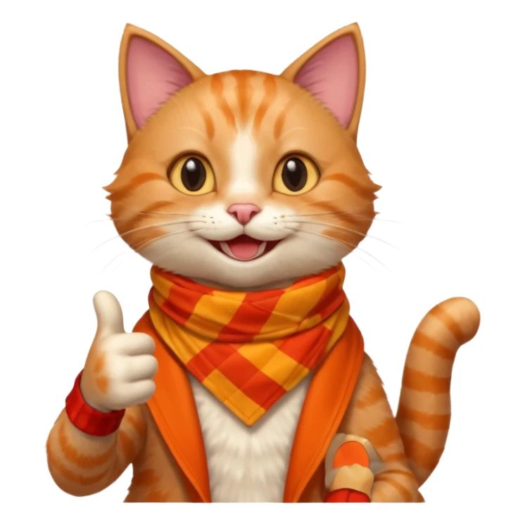 Cat smiling and giving thumbs up, wearing red Checkered Triangle scarf sticker