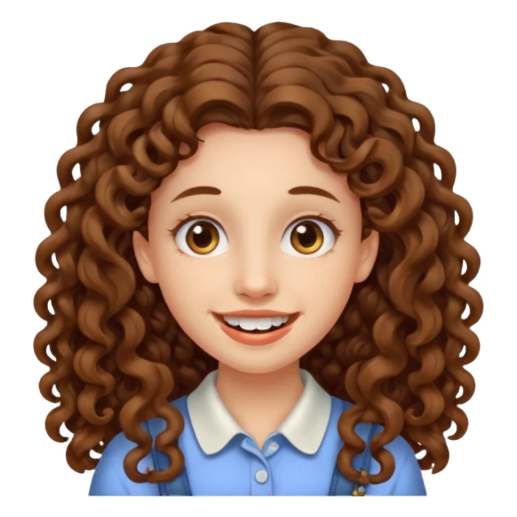 create a frontend girl that has an oval face and very very long brown curly hair and has bracesin her teeth and white sticker