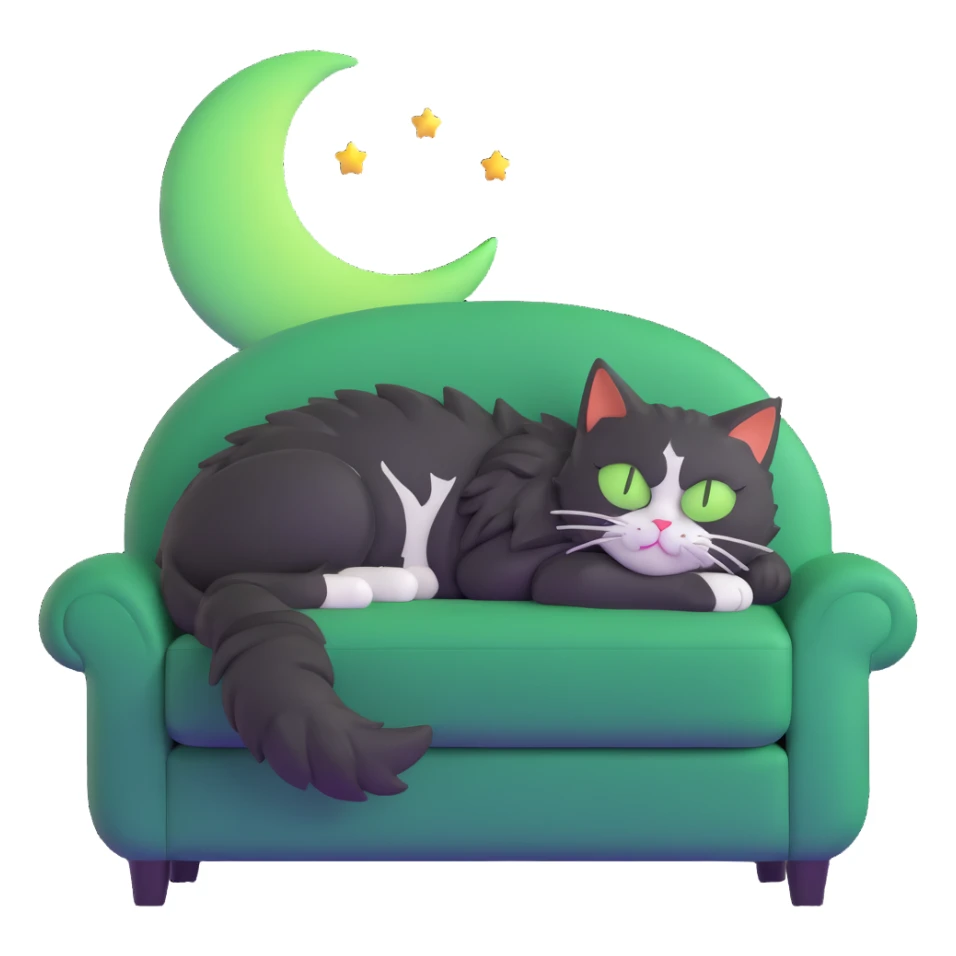 tricolor fluffy cat with big green eyes sleeping on a sofa with a moon above her sticker