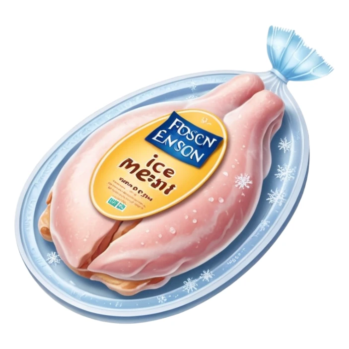 A pack of frozen chicken breasts sealed in transparent plastic packaging, covered with frost and ice crystals. The meat looks pale pink with a slight icy glaze, sitting in a freezer with cool blue lighting. Realistic detail, cold atmosphere, food photography style. sticker