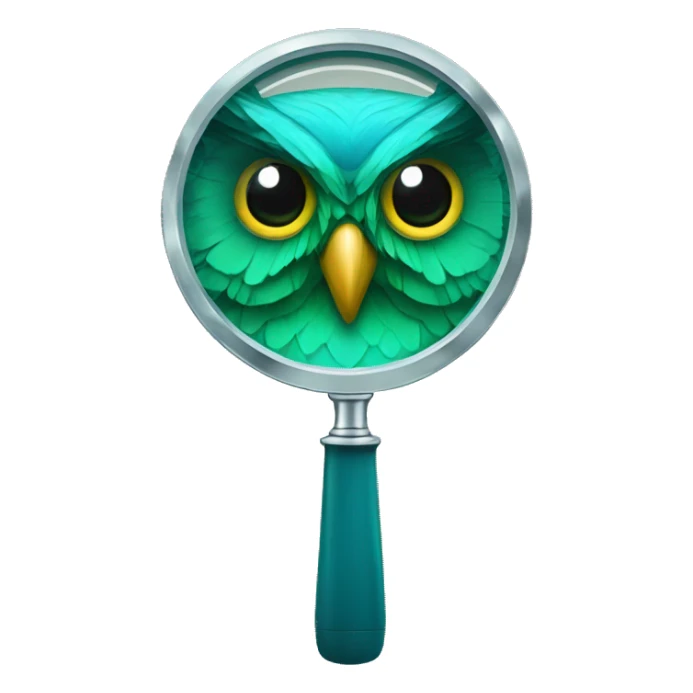 magnifying glass with blue green owl head sticker