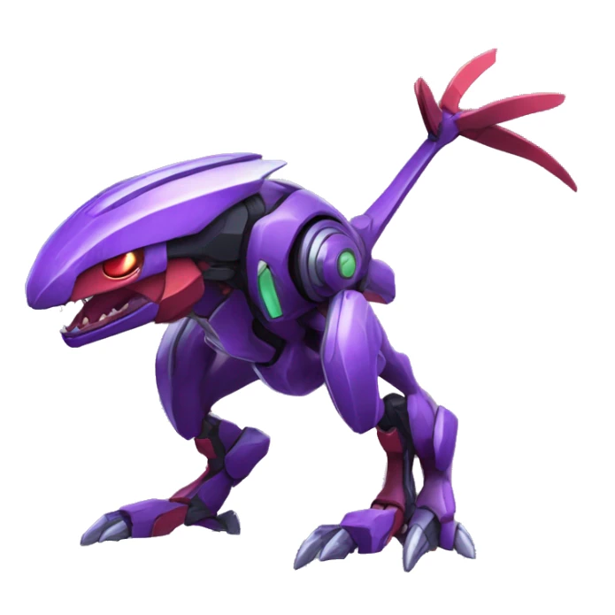 a shiny purple-green-red Genesect-Raptor-Fakémon—hybrid with a futuristic visor-helmet full body sticker