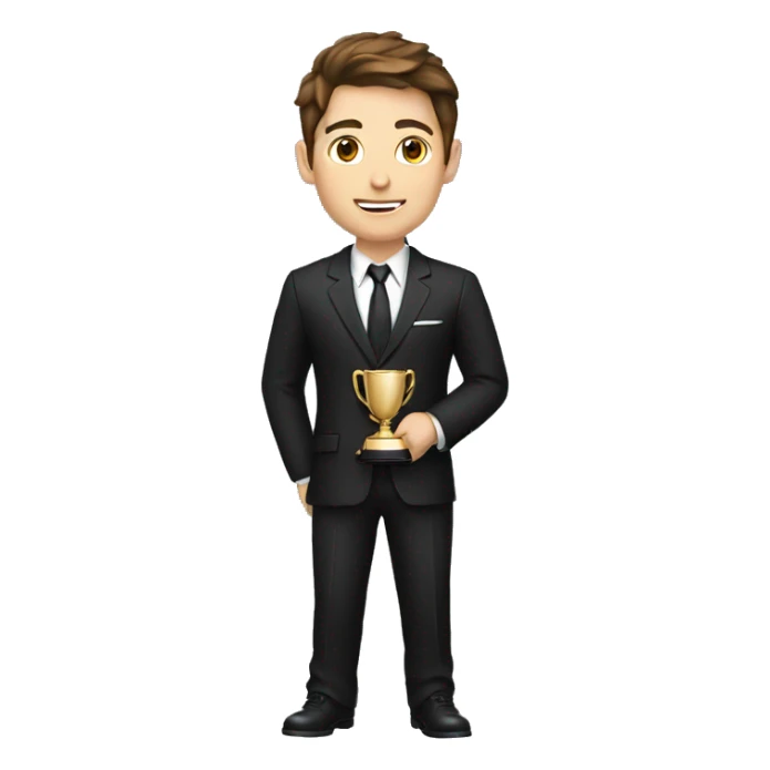 A young man with brown hair with a black suit holding a trophey, full body sticker