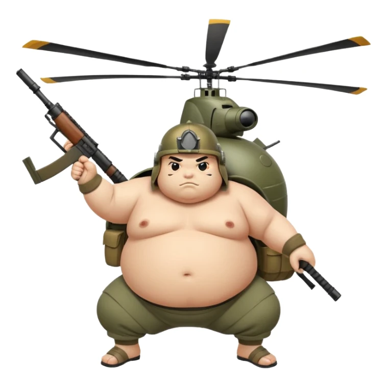 A fat sumo fighter holding a RPG with a army helmet and he’s hanging off a side of a helicopter  sticker