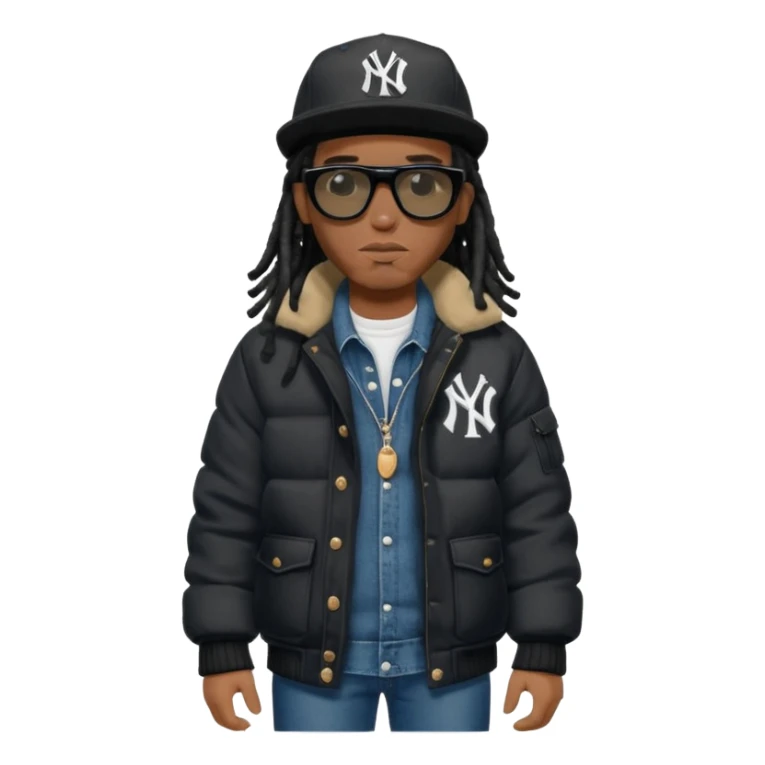 African American man with shoulder length black dreadlocks wearing black sunglasses with black bubble winter coat wearing a New York Yankees baseball hat with arms folded wearing denim skinny jeans and timberland boots sticker