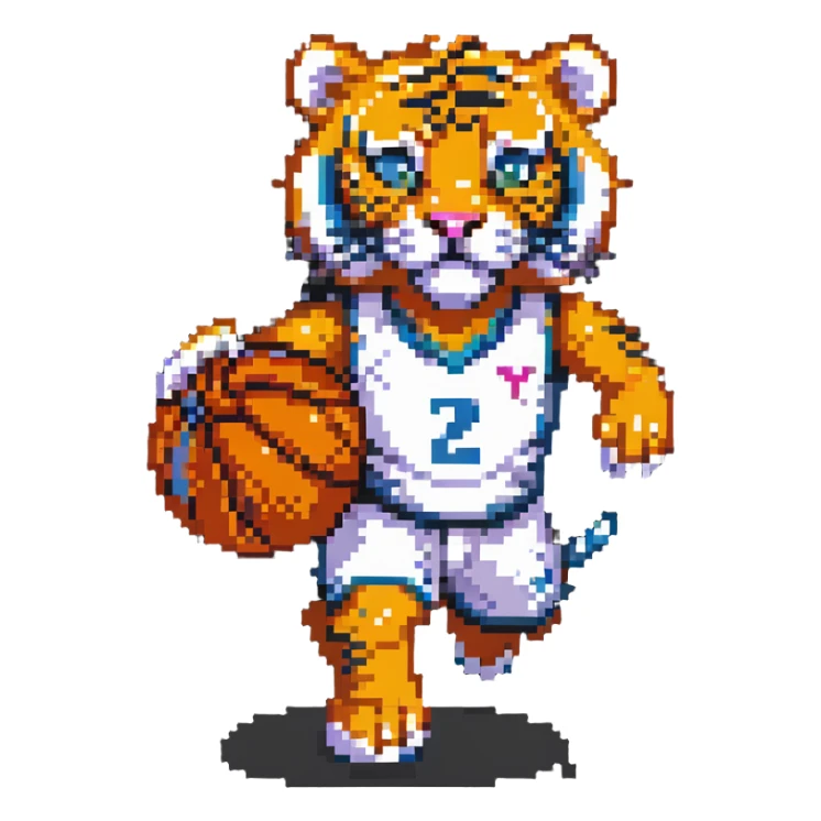 cartoon tiger playing basketball pixel art sticker