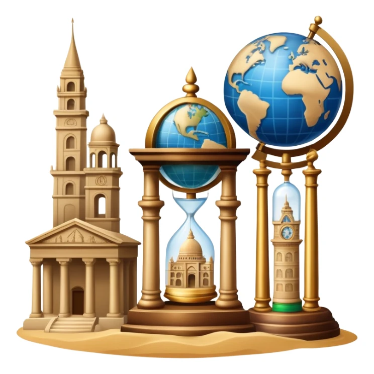 icon featuring ancient scrolls, quill pen, and a globe, with famous historical landmarks and monuments in the background. Large, antique sand clocks with sand pouring out represent the passage of time. Historical figures are depicted as statues. Transparent background. sticker