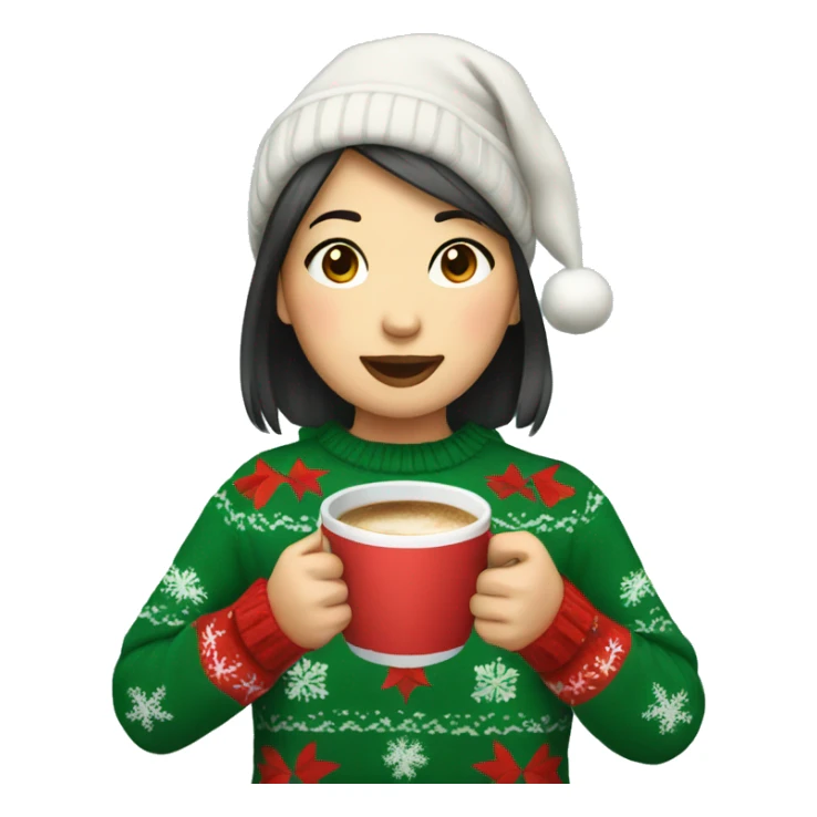 asian girl drinking coffee wearing Christmas sweater sticker
