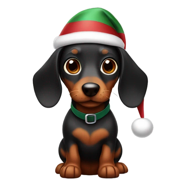 A black and brown Wiener Dog wearing a Santa hat sticker
