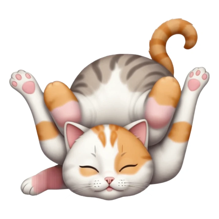 grey and white small cat with eyes closed lying down upside down with paws stretched out straight vertically  sticker