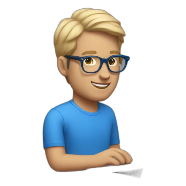 "A man with light hair, wearing a blue shirt, with Tom Ford glasses, working on his MacBook Air." sticker