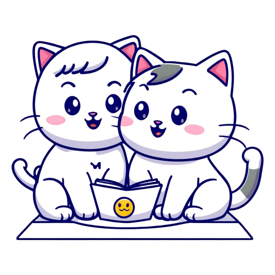 two girls watching a cute kitty drawing an emoji, playful cartoon style sticker