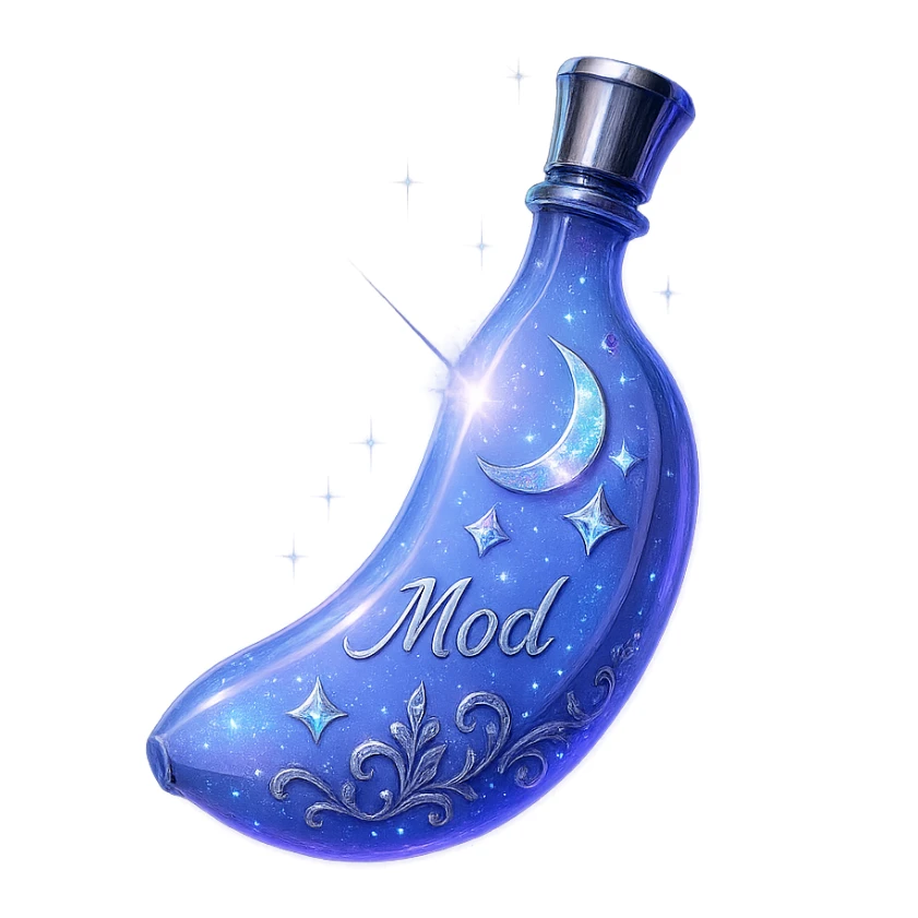 modernus prabangus eliksyro buteliukas, banano forma, spalva #7986cb, holografiniai ir sidabriniai ornamentai, stiprūs magiški švytėjimai ir efektai, labai mažas kaklelis, skaidrus fonas, vientisas dugnas, be šešėlio, plūduriuoja ore, kolekcijos stilius, užrašas 'Mod' ant buteliuko sticker